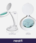 All In One LED Magnifying Lamp With Dust Cover, 5 Inch Glass Lens, 5 Diopter, dimensions labeled, white base, gooseneck