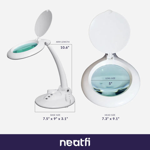 All In One LED Magnifying Lamp With Dust Cover, 5 Inch Glass Lens, 5 Diopter, dimensions labeled, white base, gooseneck