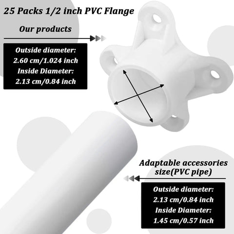 25 Pack One Half Inch PVC Flange Table Leg Caps Fittings Screw Tab Caps For Furniture Support Feet Storage Shelves DIY Projects Pro Grade Easy Install Do It Yourself Friendly With Durable Glossy White Finish
