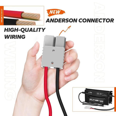 Hand holding Anderson connector of Beefed-Up 24V LiFePO4 Battery Charger, 40A Smart AC-DC Fast Charger With Anderson Connector
