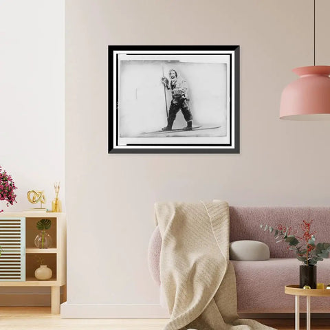 Antique Wall Art Print of a Full Length Portrait in Furs and Skis, Vintage Black and White Image for Office Decor, 17x22 Reproduction
