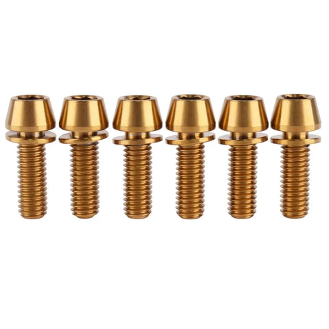 Six Pack Titanium M6x16mm M6x18mm M6x20mm Allen Hex Tapered Head Bolts For Bicycle Fittings Gold Finish Ultra Lightweight Grade 5 6AL4V Corrosion Resistant Pack Of 6 in a row
