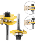Top Shelf Quarter Inch Shank Tongue And Groove Router Bits Two Piece Set Heavy Duty Carbide Milling Cutter with yellow guard.