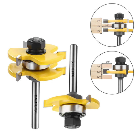 Top Shelf Quarter Inch Shank Tongue And Groove Router Bits Two Piece Set Heavy Duty Carbide Milling Cutter with yellow guard.