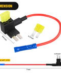 10 Pack Micro 2 Fuse Tap 12V Car Add A Circuit ATR Blade Adapter dimensions with 20A fuse and wire length in inches.