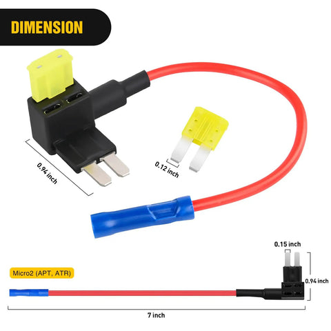 10 Pack Micro 2 Fuse Tap 12V Car Add A Circuit ATR Blade Adapter dimensions with 20A fuse and wire length in inches.