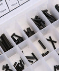 Elastic Cylindrical Pin Set With 240 Pieces Carbon Steel Hollow Positioning Pins in a storage box, arranged by size.