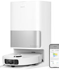 Robot Vacuum And Mop With Crazy 10000 Pa Suction MopExtend Tech All In One Base Station next to mobile app interface.