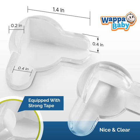 Super Soft Transparent Baby Corner Protectors For Kiddos And Toddlers With Crystal Clear Baby Proof Furniture Edges Smooth As Butter No Sweat Install 12 Pack close-up of clear PVC guard with dimensions