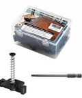 Heavy Duty Hidden Deck Fasteners 150 Piece Stainless Steel Screw Kit displayed in a clear box with rugged clamps and screw.
