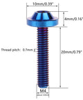 Grade Five Titanium Bolts For Bike And Moto Mods Button Torx Head Screws With Knockout Rust Resistance Heavy Duty Fasteners For Built Different Rides Set Of Four Slick Burnt Blue M4x20mm hardware with dimensions.