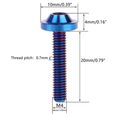 Grade Five Titanium Bolts For Bike And Moto Mods Button Torx Head Screws With Knockout Rust Resistance Heavy Duty Fasteners For Built Different Rides Set Of Four Slick Burnt Blue M4x20mm hardware with dimensions.