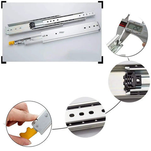 Built Like A Tank Heavy Duty Full Extension Drawer Slides With Lock Smooth Ball Bearing Cabinet Rails Industrial Steel Tracks High Load Capacity Quiet Storage Upgrade Pair with measurement tool.