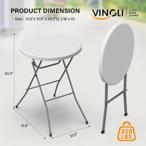 32 Inch Plastic Folding Round Bar Height Table With Gray Metal Finish For Outdoor Parties Cafes Restaurants Backyard Weddings Durable HDPE Construction 350 Lb Capacity Easy Setup White shown folded and unfolded