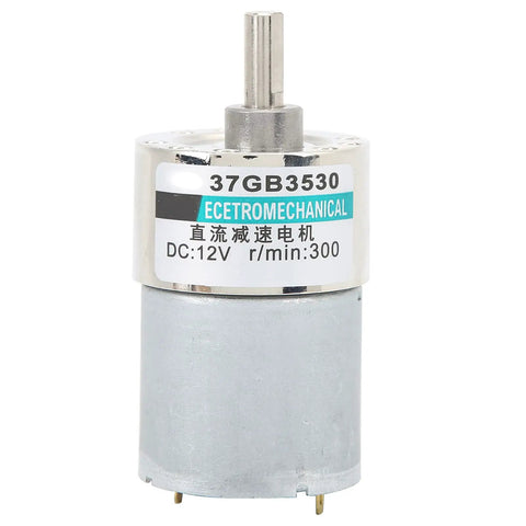 12V DC Gear Motor With Mounting Bracket And Speed Governor 100 RPM Low Speed Mean Torque Permanent Magnet Drive For Industrial Automation And Heavy Duty Equipment XD37GB3530 silver metal motor shaft front view