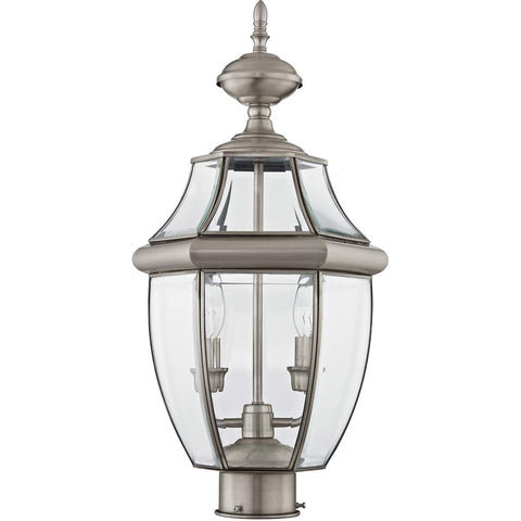 Monterey Two Light Outdoor Post Head Light in Brushed Nickel Finish with Solid Brass Construction and Clear Beveled Glass