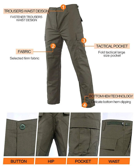 Men's Tough As Nails Tactical Hunting Outfit Featuring Ripstop Camo Jacket And Heavy Duty Multi Pocket Combat Pants For Airsoft Skirmishes And Rugged Field Gear - detailed view of tactical combat pants with pocket features.