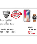 IPG registration and installation card with product number, showcasing smartphone and watch images.