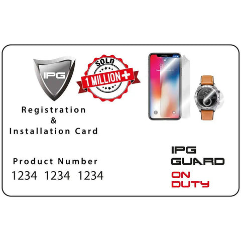 IPG registration and installation card with product number, showcasing smartphone and watch images.
