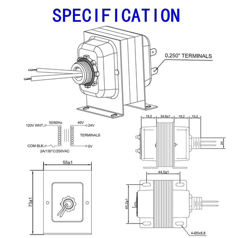 Technical specifications diagram of 24V 40VA Thermostat And Doorbell Transformer, Power Supply For Nest Ecobee Sensi Honeywell Thermostats