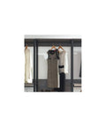 Heavy Duty Wood Walk In Closet Organizer System With Customizable Shelving And Rustic Gray Finish showcasing hanging clothes.