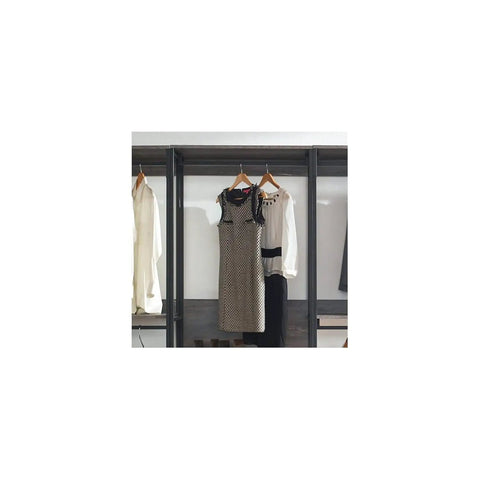 Heavy Duty Wood Walk In Closet Organizer System With Customizable Shelving And Rustic Gray Finish showcasing hanging clothes.