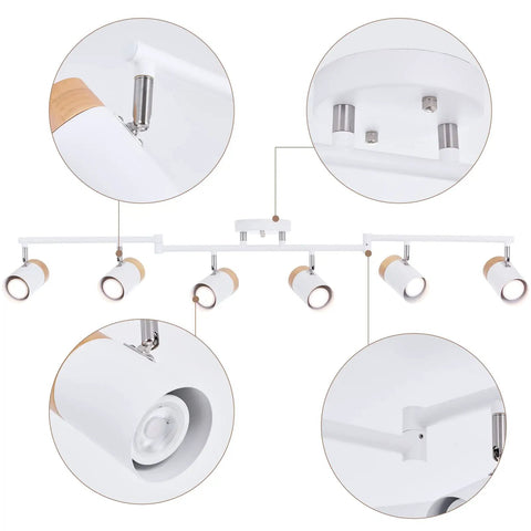 Six Light Flexible Track Lighting With 45.67 Inch Arms And 350 Degree Rotating Heads In Natural Wood Shade Dope And Sleek Ceiling Track Fixture For Living Room Dining Room Kitchen And Studio White showing adjustable features.