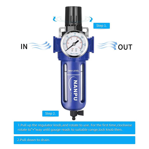 Half Inch NPT Air Filter Regulator Combo With Zinc Alloy Body, gauge displayed, showing in and out airflow directions