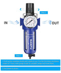 Air Filter Regulator 1/4 Inch NPT for Compressed Air Systems, zinc alloy body, 5 micron brass element, front view with gauge instructions.