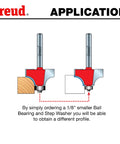 Diagram showing the Quadra-Cut Radius Rounding Router Bit with Perma-Shield Coating for moldings and drawers, 1/2 inch shank.