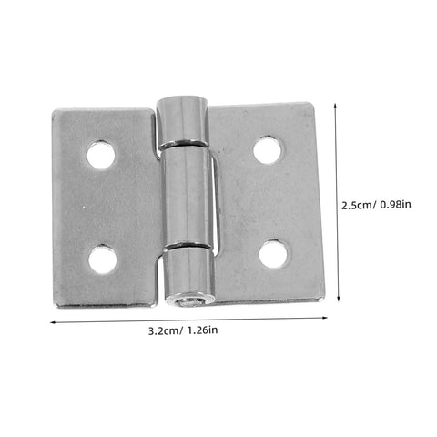 Front view of Outanaya barn door hinge, metal two-leaf with central pin, 3.2 cm wide by 2.5 cm high