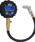 Front view of JACO ElitePro digital tire pressure gauge with blue LCD display, black bezel, brass fittings and flexible hose