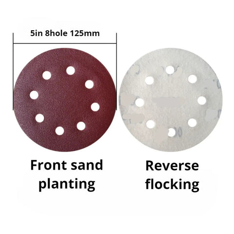 Super Tough 50 Pack Sanding Discs With Fast Hook Loop Change For Woodworking Metal Polishing Aluminum Oxide Abrasive Paper, 5 inch, 8 holes, front and reverse sides.