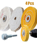 Get These 4 Inch 4 Pack Cotton Buffing Wheels For Your Electric Drill To Shine Stainless Steel Aluminum And Jewelry Fast Without Scratches, showing four wheels with shank.