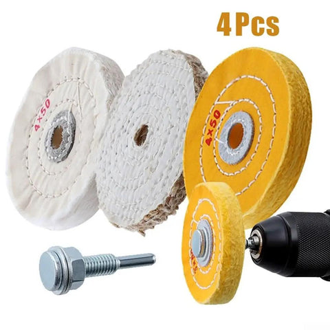 Get These 4 Inch 4 Pack Cotton Buffing Wheels For Your Electric Drill To Shine Stainless Steel Aluminum And Jewelry Fast Without Scratches, showing four wheels with shank.