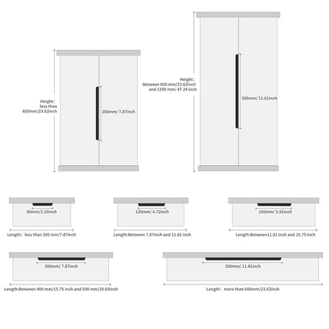 Diagram showing dimensions of matte black dresser drawer pulls, with various lengths for cabinets and wardrobes including 300mm and 200mm options.