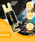 Top Shelf 3 Pack Of 200 Amp ANL Blade Fuses Featuring Rock Solid Pure Copper Terminals, 200A fuse close-up.