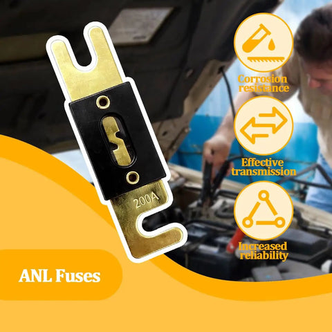 Top Shelf 3 Pack Of 200 Amp ANL Blade Fuses Featuring Rock Solid Pure Copper Terminals, 200A fuse close-up.