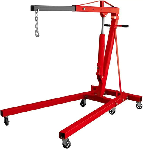 Zero Hassle 4000 Lbs Hydraulic Engine Hoist Shop Crane With Folding Frame And Reinforced Four Position Boom Smooth Lifting Power For Garage Auto Projects And Weekend Wrenching In Durable Steel Build Red, side view of hoist.