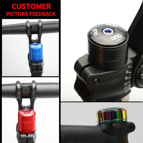 Colorful Headset Spacers And Stem Cap Set for 28.6mm bike stem, featuring anodized dope colorway spacers and cap, installed on handlebars.