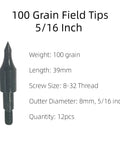 12 Pack 100 Grain Field Points for Crossbow Arrows, Screw In Bullet Tips, 5/16 Inch Shafts, Dope for Target Practice, Archery Accessories