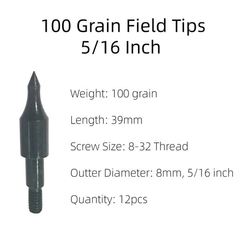 12 Pack 100 Grain Field Points for Crossbow Arrows, Screw In Bullet Tips, 5/16 Inch Shafts, Dope for Target Practice, Archery Accessories