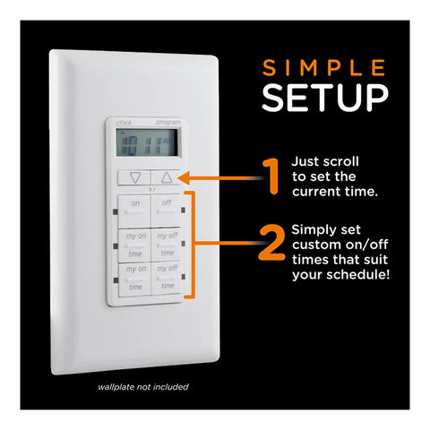 Front view of In Wall Digital Timer With Four Programmable On Off Buttons And Two Easy Override Controls installed without wall plate.