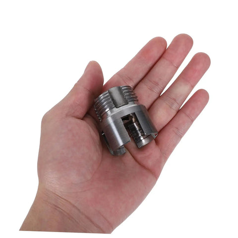 Lifkome Pvc Pipe Threader Tool Kit With Electric Drill For 1/2,3/4 And 1 Inch Plumbing Repair showing metal internal cutting bit in hand.