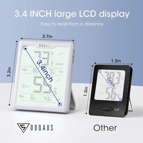 Indoor Hygrometer And Thermometer With Crazy Fast 5 Second Refresh High Accuracy Humidity And Temperature Meter 3.4 Inch LCD Display White Room Monitor For Home Office, front view with dimensions