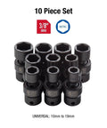 Three Eighth Inch Drive Universal Impact Socket Set, Ten Piece Metric Range 10mm To 19mm, Cr Mo Alloy Steel, Radius Corner Design
