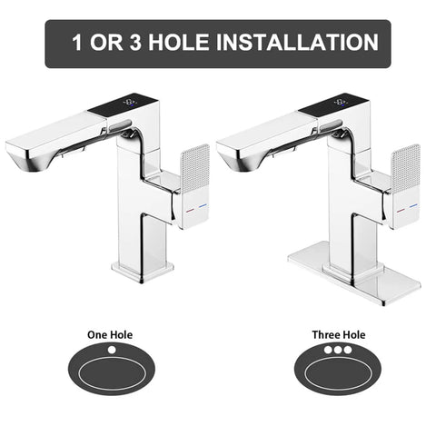 LED Temperature Display Bathroom Faucet With Pull Out Sprayer Chrome Single Handle RV Vanity Faucet For 1 Or 3 Hole Sinks Real Time Water Temp Monitor