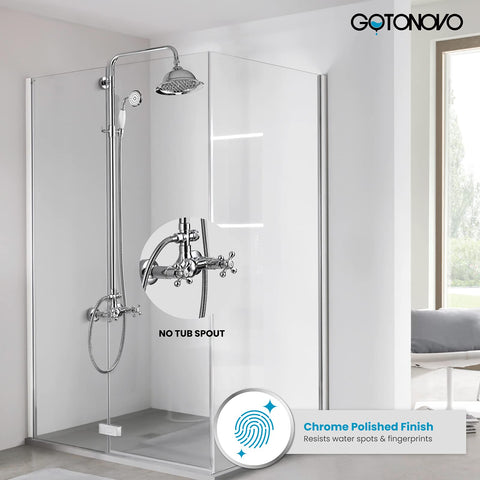 Polished Chrome 8 Inch Rainfall Shower Head Set With Wall Mount Faucet and Handheld Spray in modern bathroom setting.