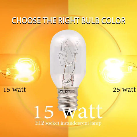 15W bulb comparison showing E12 15W incandescent bulb for Six Pack E12 Candelabra Base 15W Incandescent Bulbs For Himalayan Salt Lamps And Plug In Night Lights Dimmable Brightness Two Point Zero By Zero Point Seven Inch Size Ideal Replacement Bulbs with different light intensities, 15 watt visible.