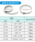 Chart showing sizes and quantities of 66-Piece Adjustable Stainless Steel Hose Clamp Set With 1/4 To 1-1/2 Inch Range Worm Gear Clamps